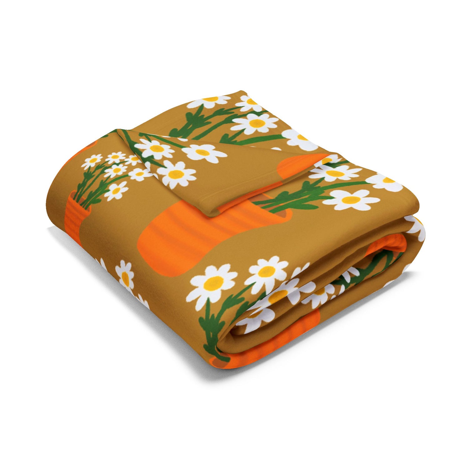 Blanket Fleece With Charming Daisy Design in Terracotta Pots on Golden Background, 2 Sizes, Blanket or Throw