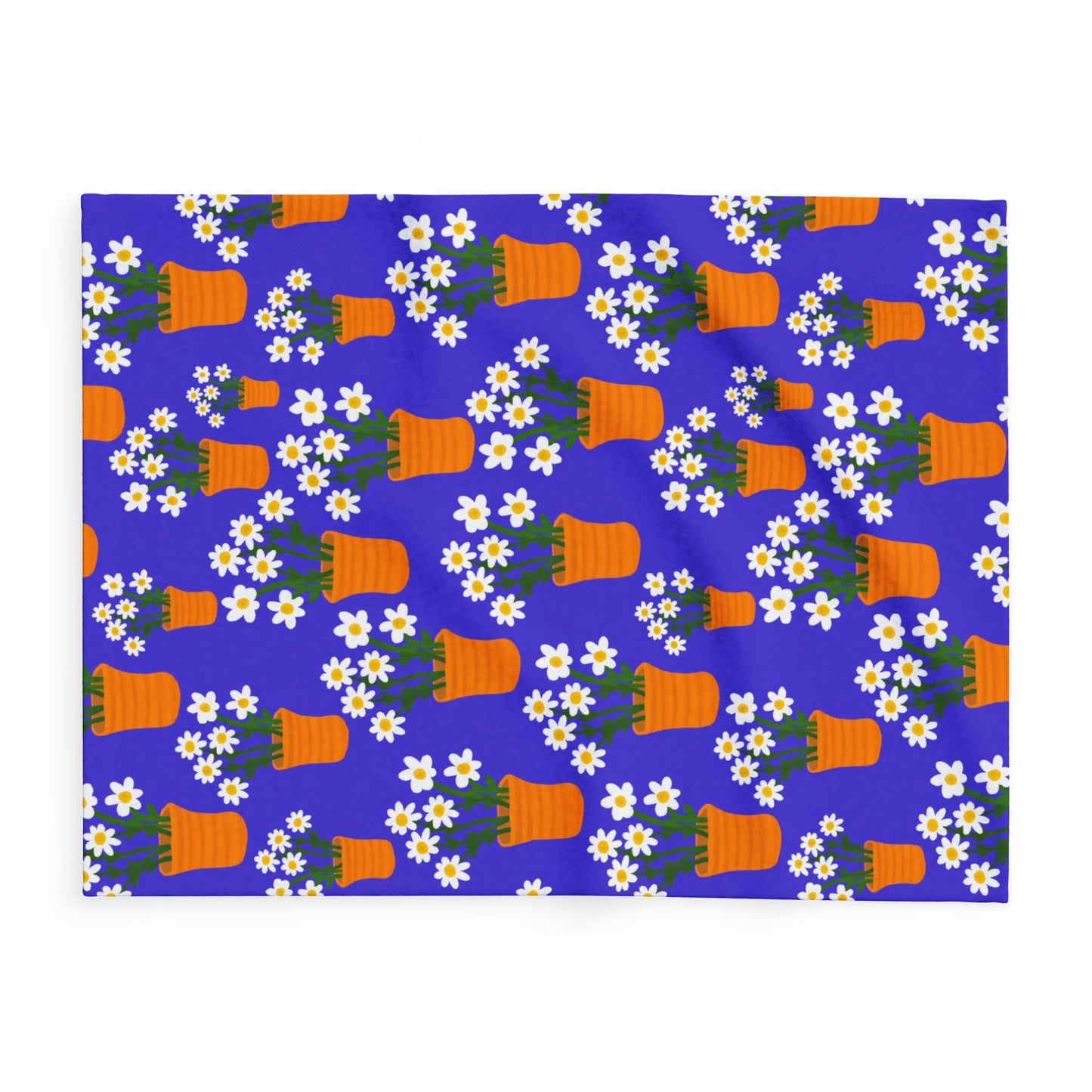 Blanket Fleece With Charming Daisy Design on Blue Background, 2 Sizes, Blanket or Throw