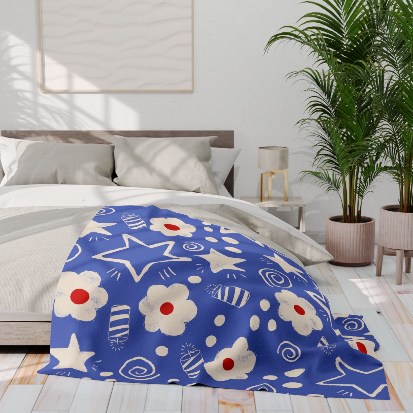 Blanket Fleece With Charming Red, White and Blue Floral and Stars Design, 2 Sizes, Blanket or Throw