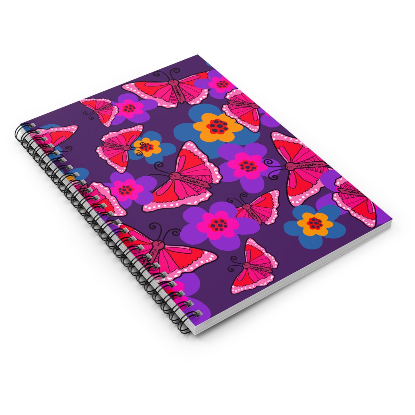 Spiral Notebook, Butterfly, Bold Pink and Purple Design, 6" x 8", Inside Pocket, Line Pages