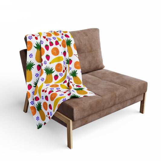Blanket Fleece With Charming Fruit Design on White Background, 2 Sizes, Blanket and Throw
