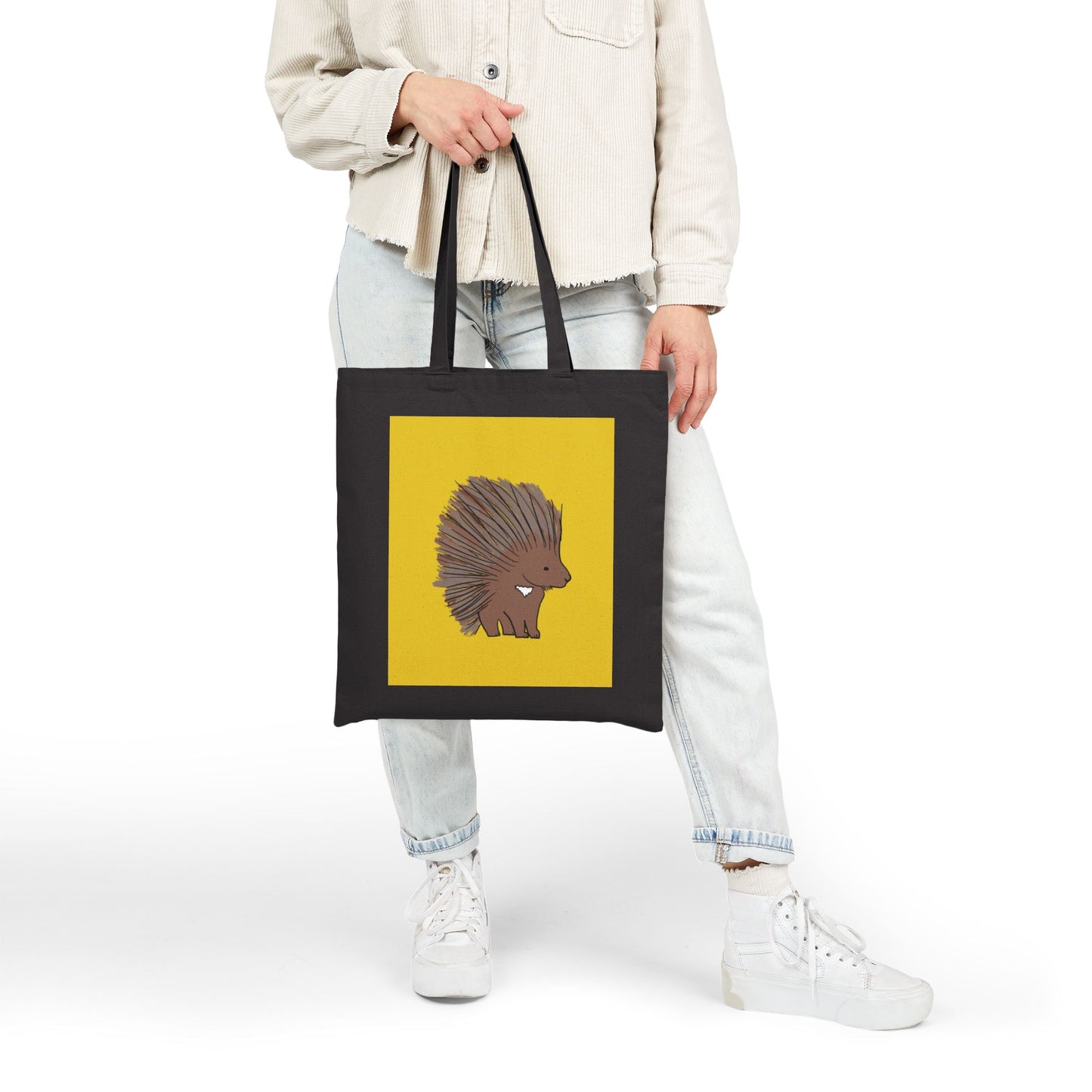 Tote Bag, Porcupine Design on Yellow, Cotton Canvas, Natural or Black, 15" x 16"