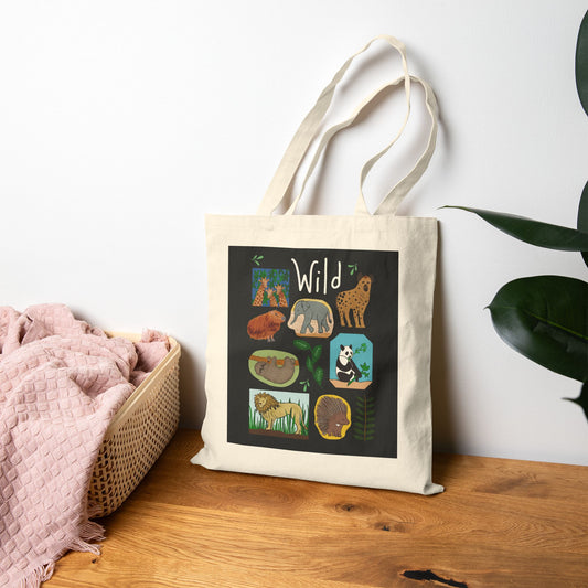Tote Bag, Wildlife Theme With Animals, Cotton Canvas, Black or Natural, 15" x 16"