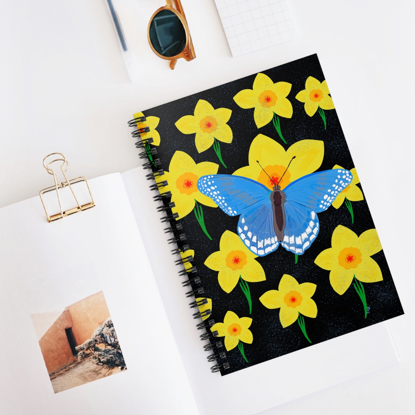 Spiral Notebook, Butterfly and Daffodil Design, 6" x 8", Inside Pocket, Lined Pages