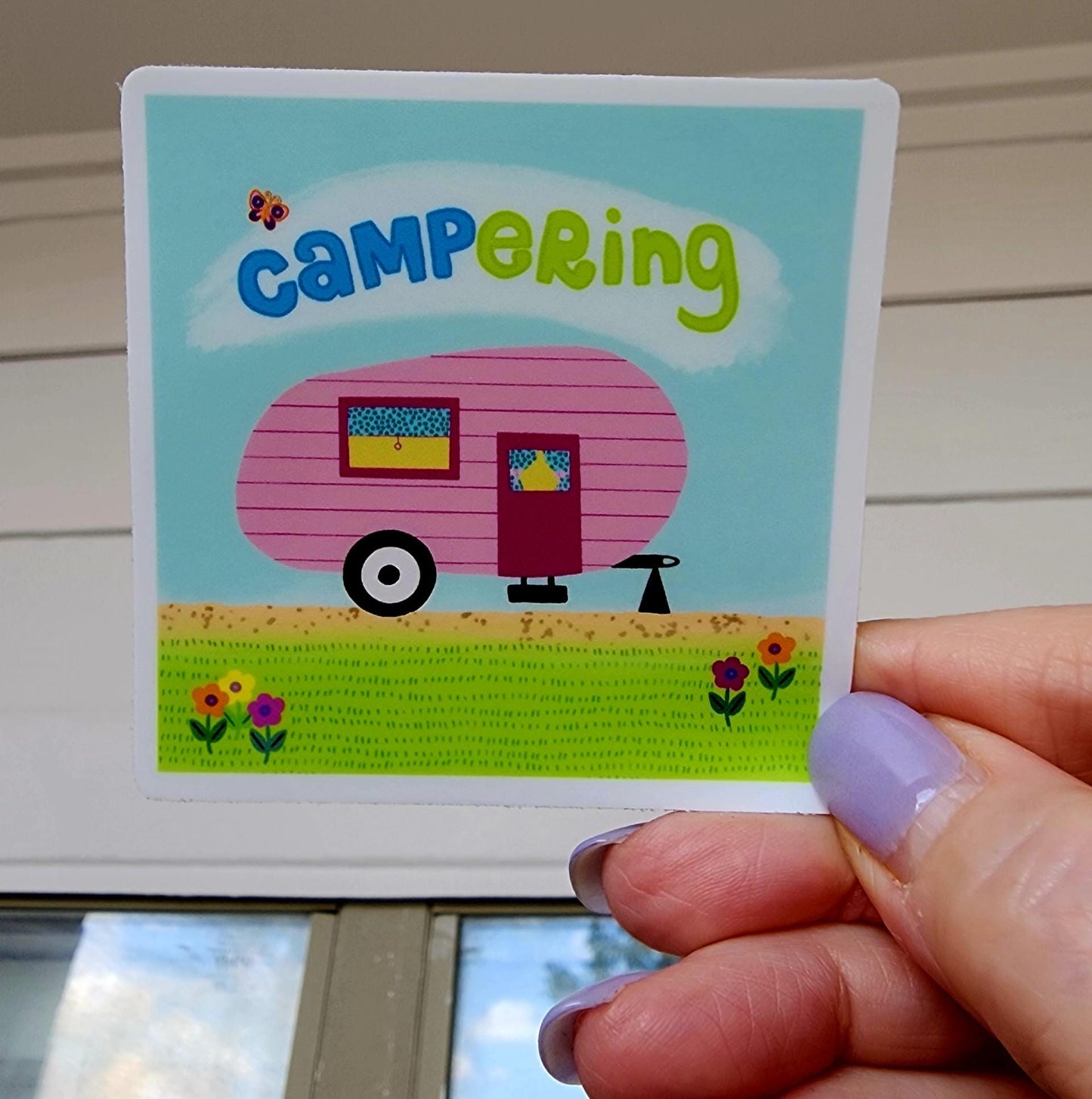 Sticker, Pink Camper "Campering" Design, Vinyl, 3 Inch Square