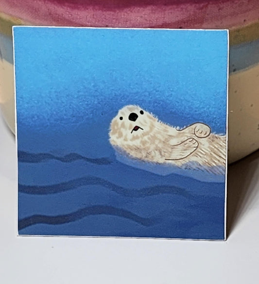 Sticker, Otter Floating in Water Art, 2 Inch Square, Vinyl
