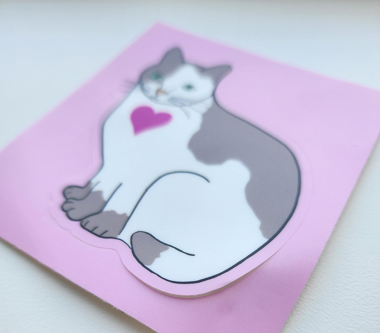 Sticker, Gray and White Cat With heart on Pink Border, Kiss-Cut, Vinyl, 3 Inch