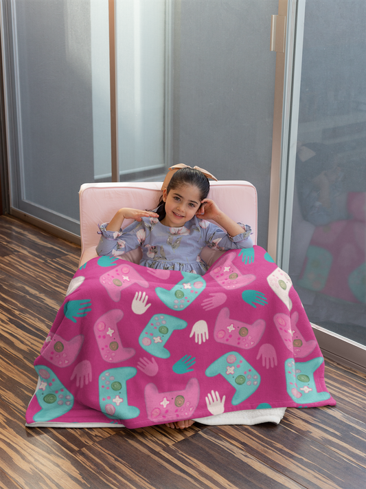 Blanket Fleece Charming Gaming Controller Design on Pink Background, 2 Sizes, Blanket or Throw
