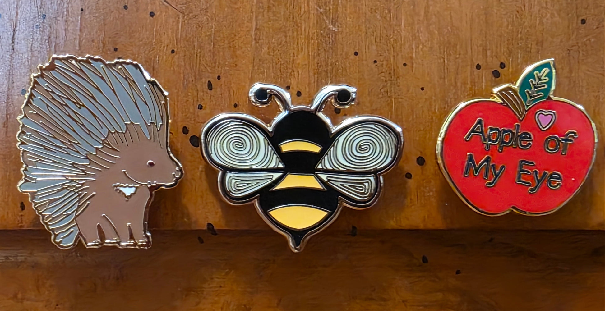 Bizzy Bee Pin between 2 of our other pin favorites, Porcupine Pin and Apple of My Eye Pin.