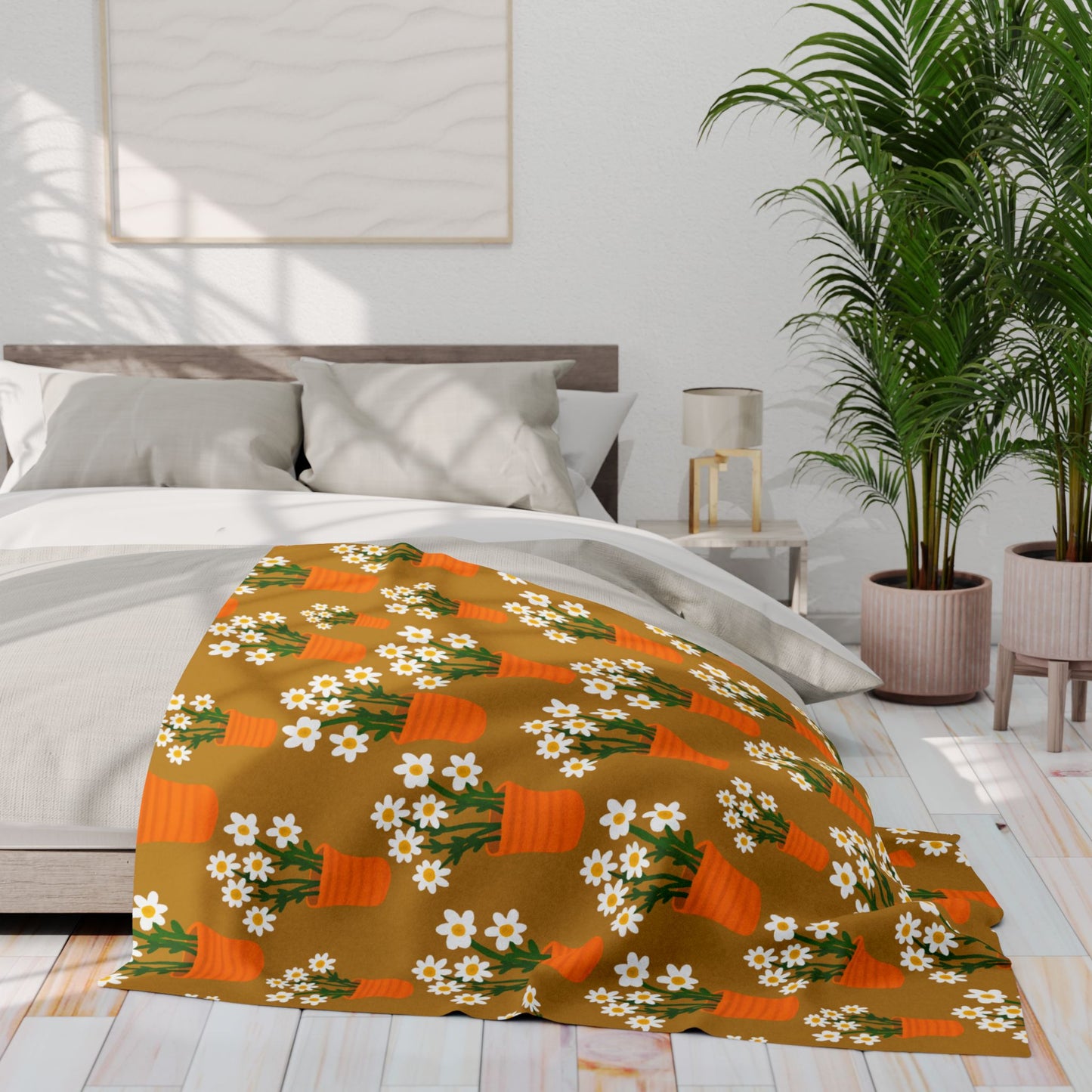Blanket Fleece With Charming Daisy Design in Terracotta Pots on Golden Background, 2 Sizes, Blanket or Throw
