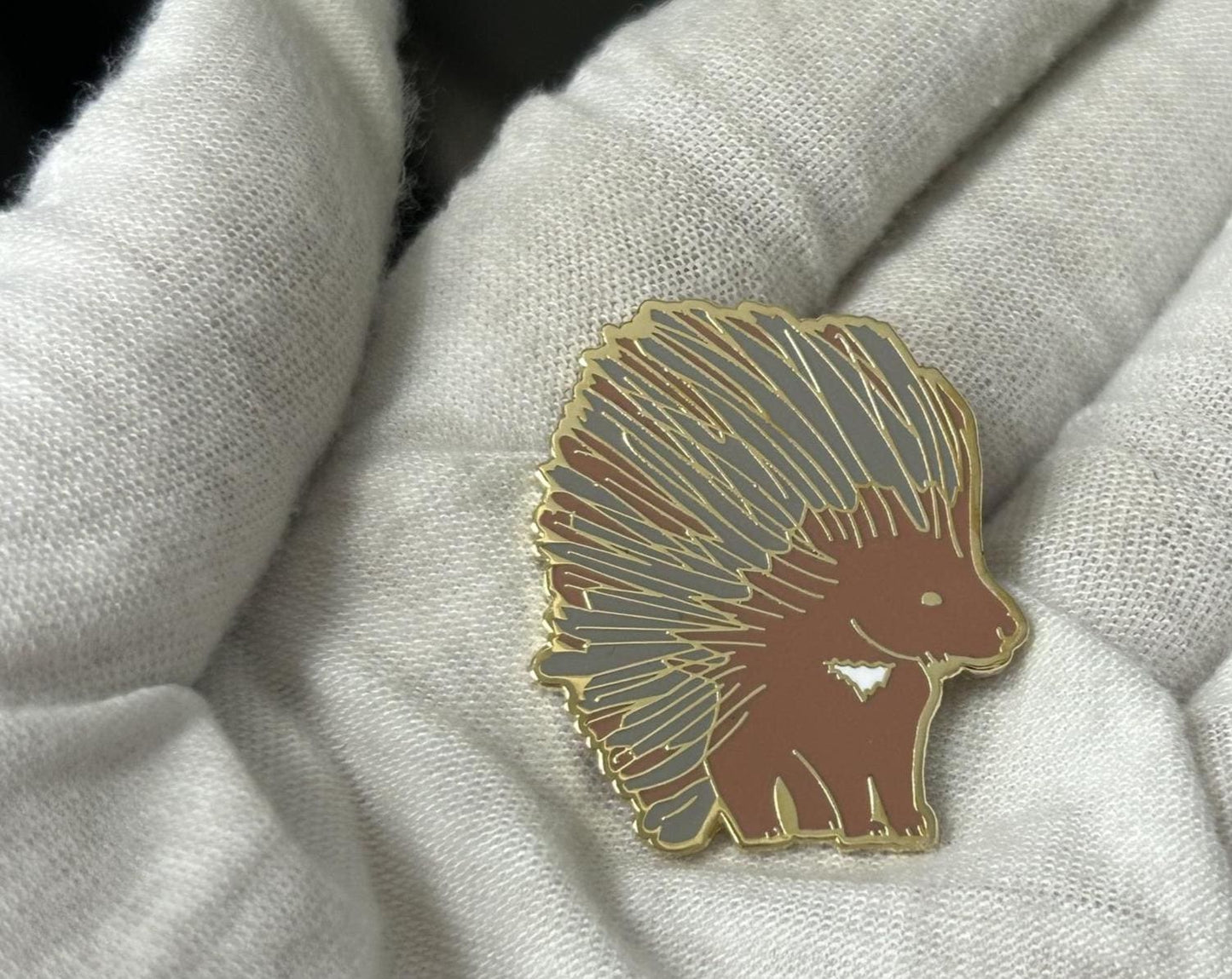 Enamel Pin, Porcupine, Gold Tone Background Border, 1.5 inch
