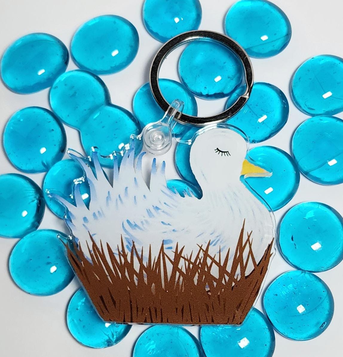 Keychain, Bird in Nest, Acrylic on Silver Keychain, 2 inches