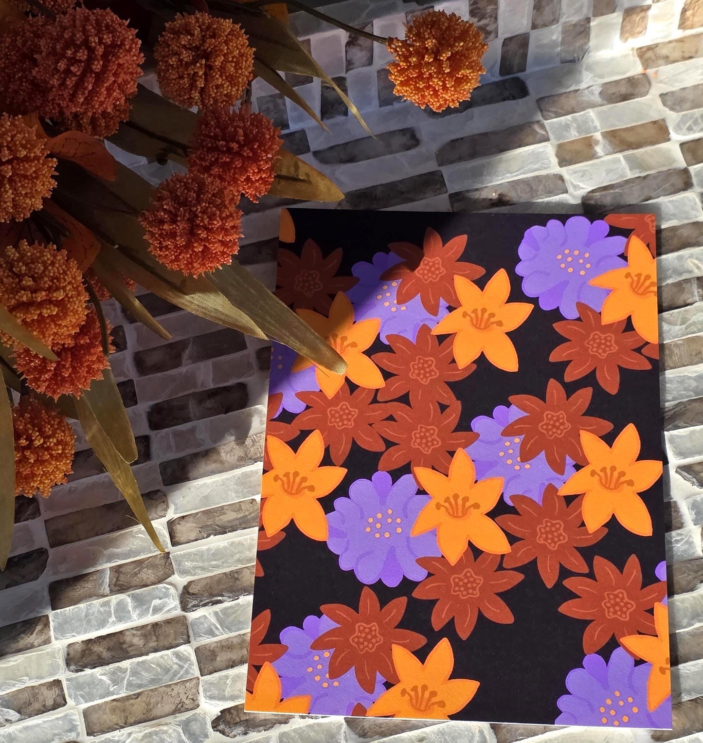 Note Cards, Purple Brown Golden Floral Design, Blank Back, 5: x 7"