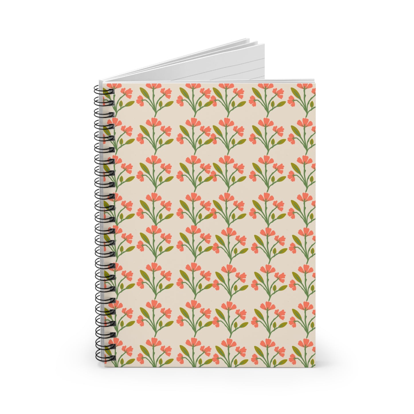 Spiral Notebook, Peachy Pink Floral Rows Design, 6" x 8", Inside Pocket, Lined Paper