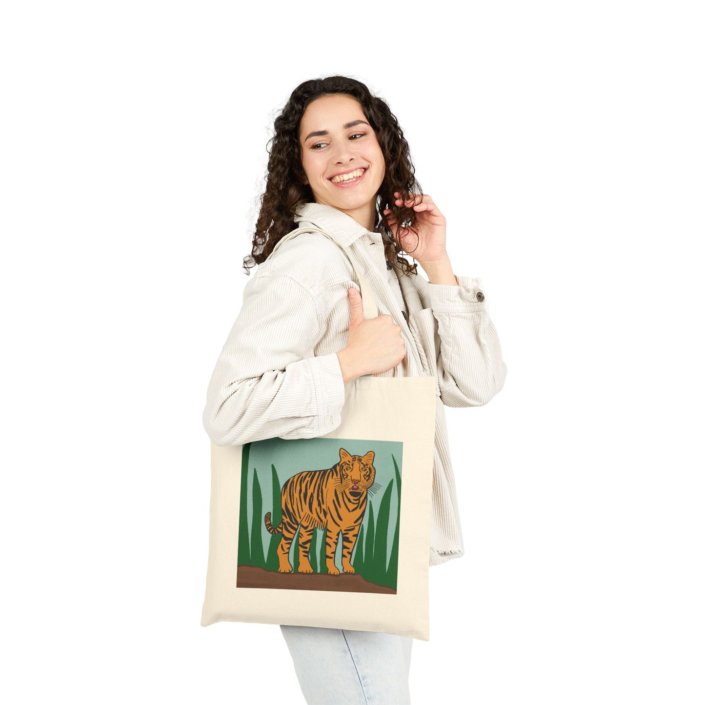 Tote Bag, Tiger in Grass Design, Cotton Canvas, Natural or Black, 15" x 16"