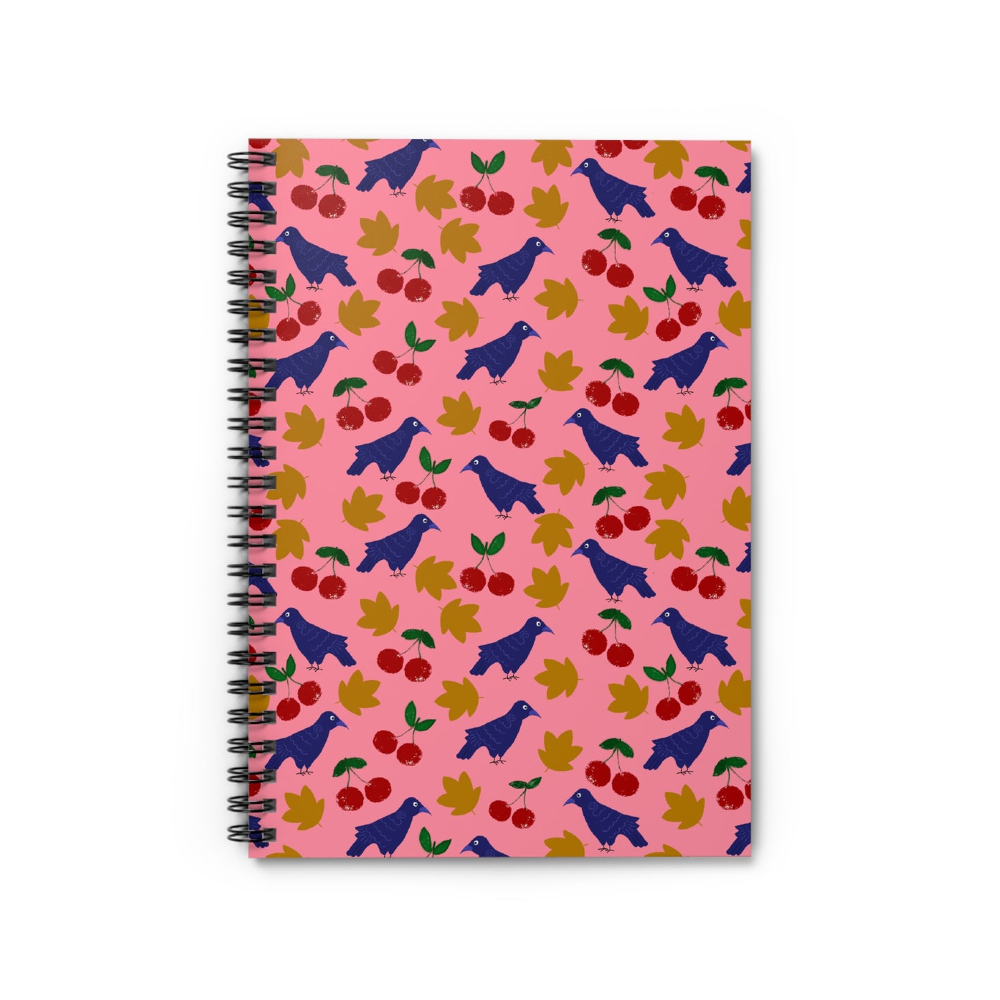 Spiral Notebook, Pink Crow and Leaves Design, 6" x 8", Inside Pocket, Lined Pages