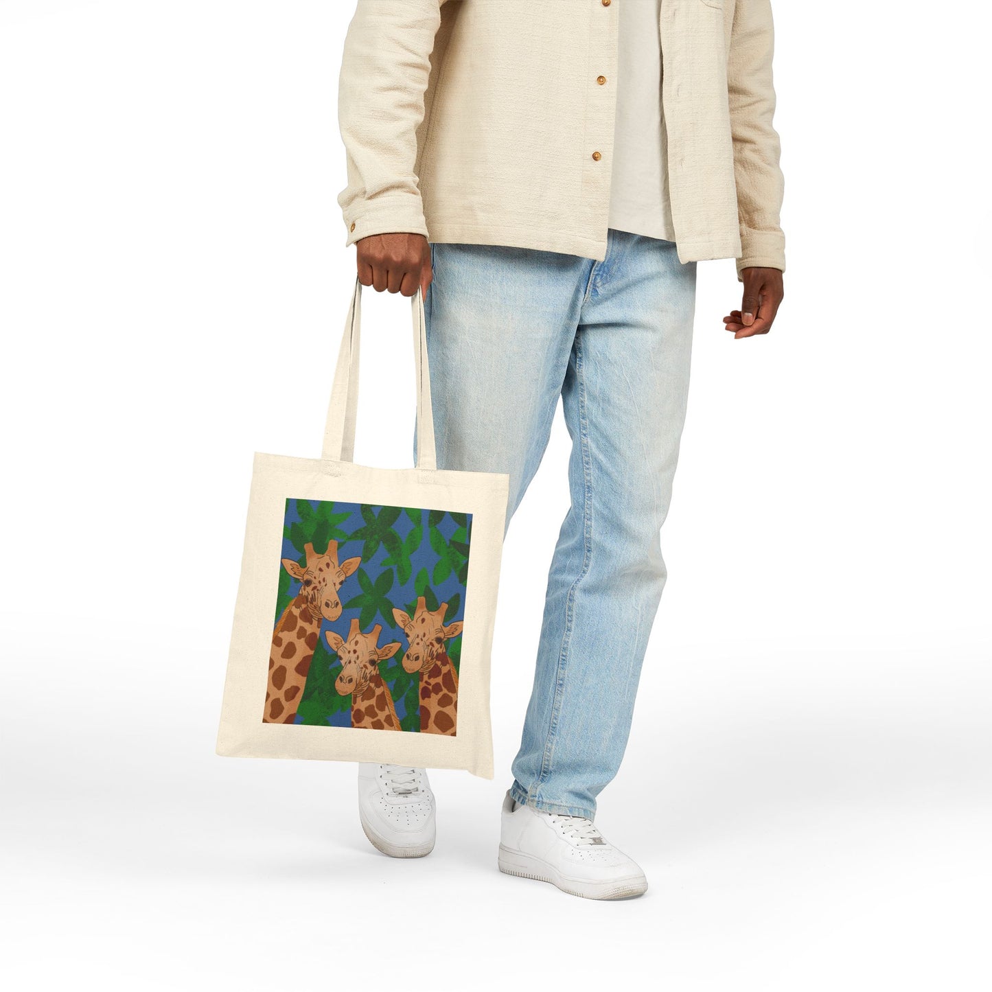 Tote Bag, Giraffe Trio on Leaves Design, Cotton Canvas, Black or Natural, 15" x 16"