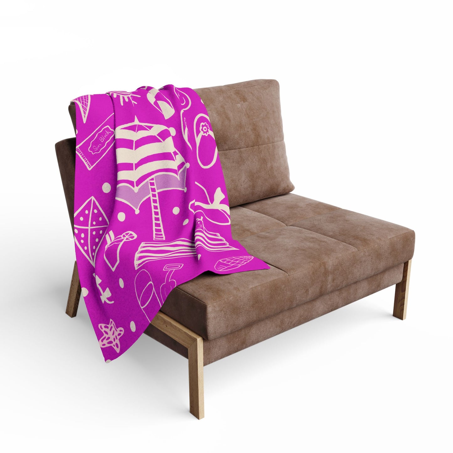 Blanket Fleece With Charming Beach Design on Hot Pink Background, 2 Sizes, Blanket or Throw