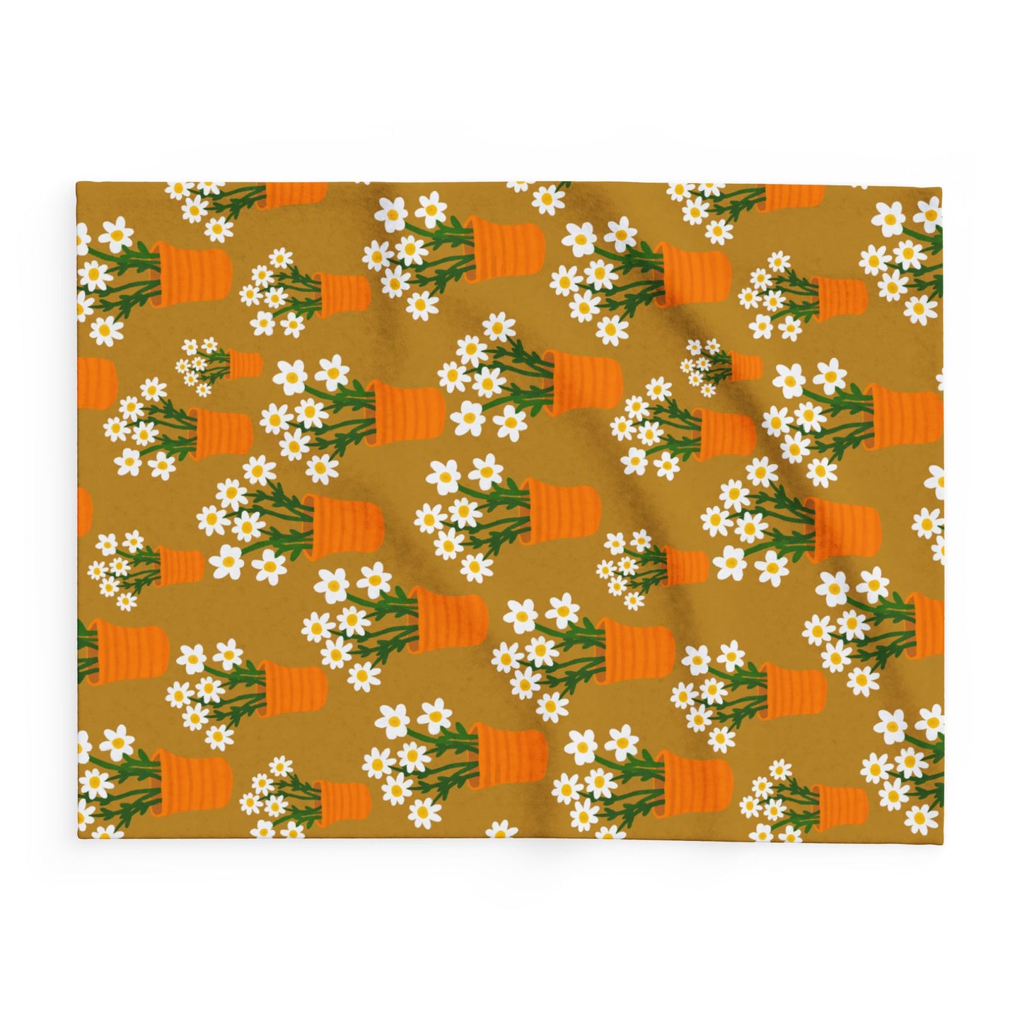 Blanket Fleece With Charming Daisy Design in Terracotta Pots on Golden Background, 2 Sizes, Blanket or Throw