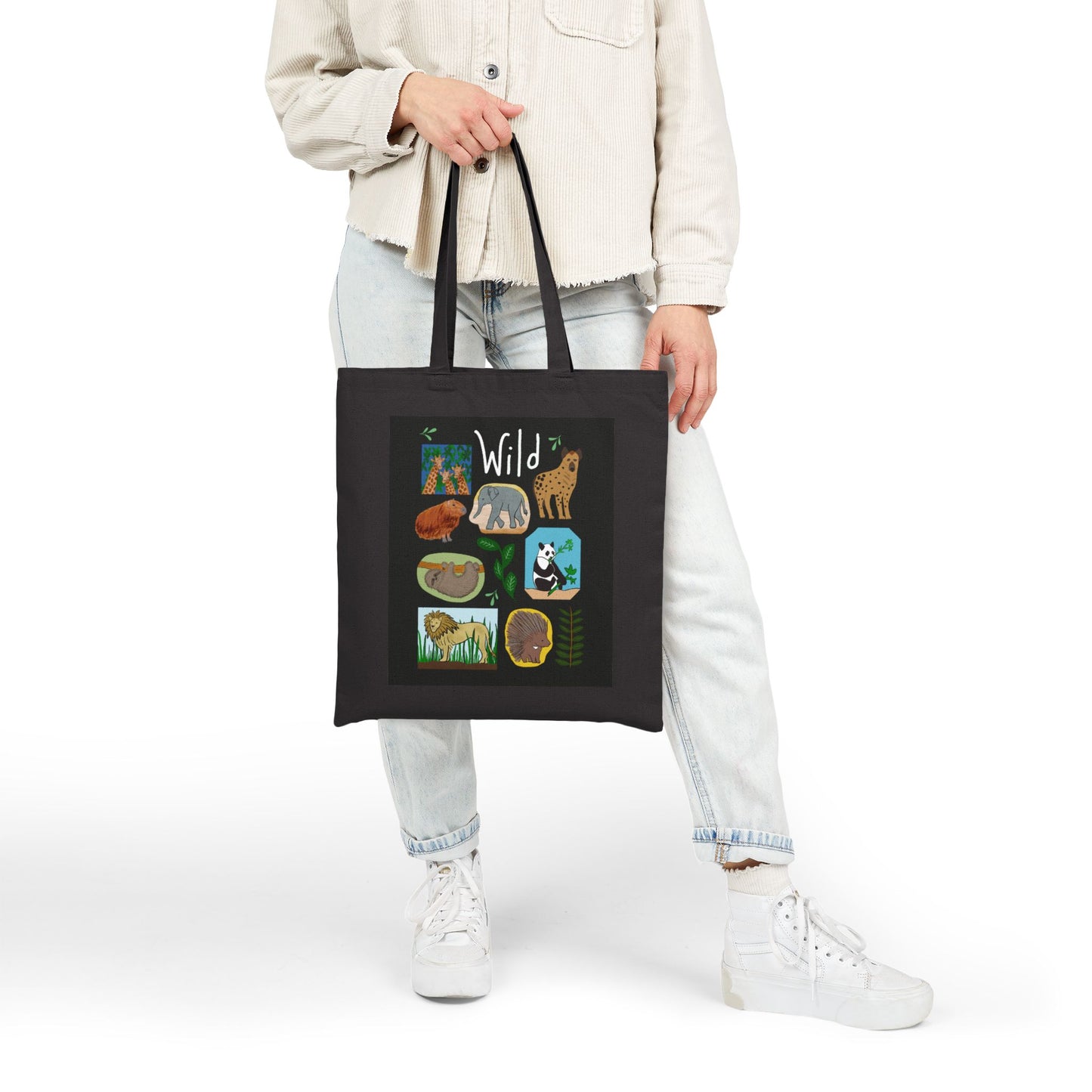Tote Bag, Wildlife Theme With Animals, Cotton Canvas, Black or Natural, 15" x 16"