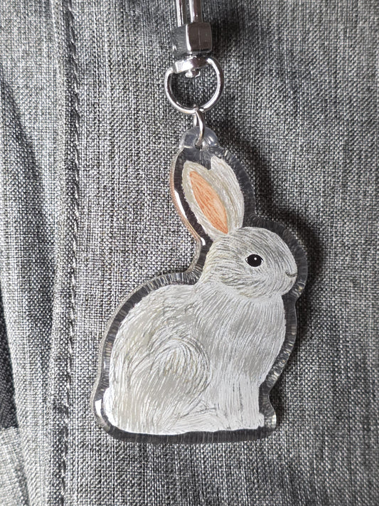 Keychain, Furry Gray Rabbit Design, Acrylic Epoxy on Silver Clasp, 2 inch