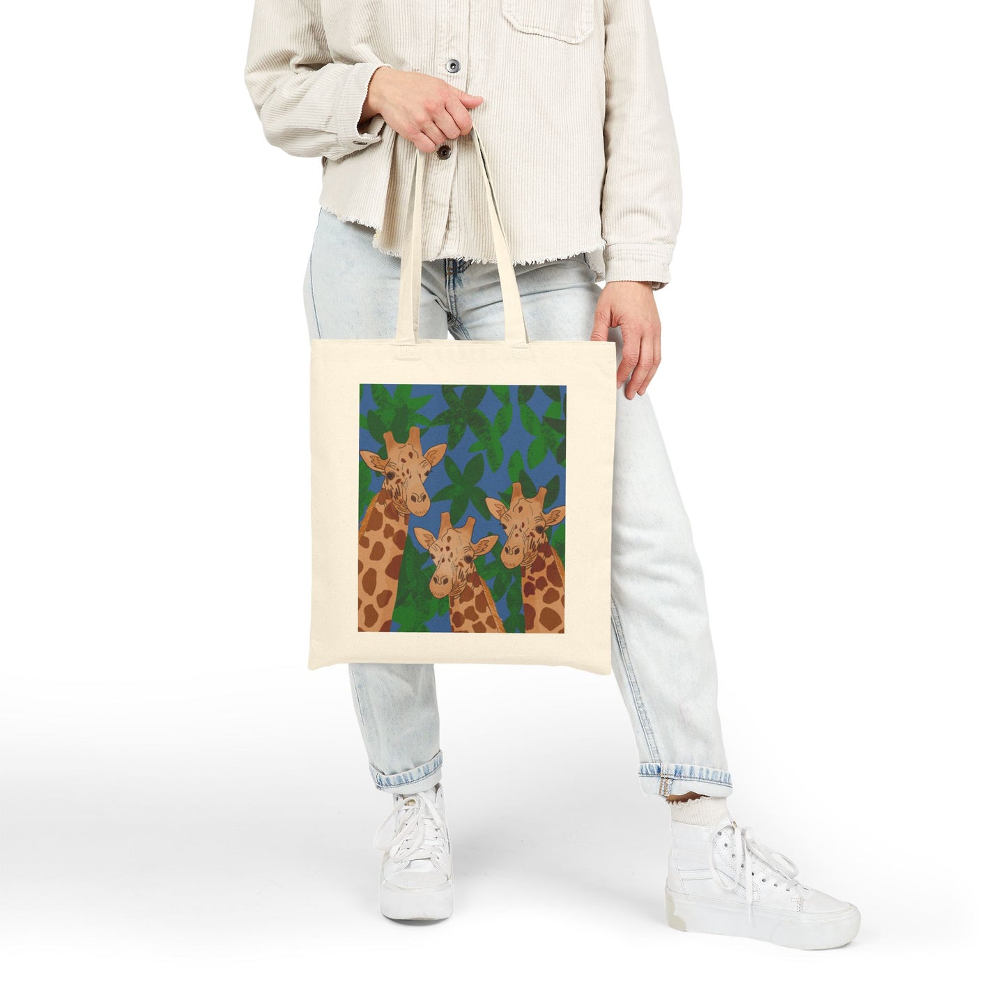 Tote Bag, Giraffe Trio on Leaves Design, Cotton Canvas, Black or Natural, 15" x 16"