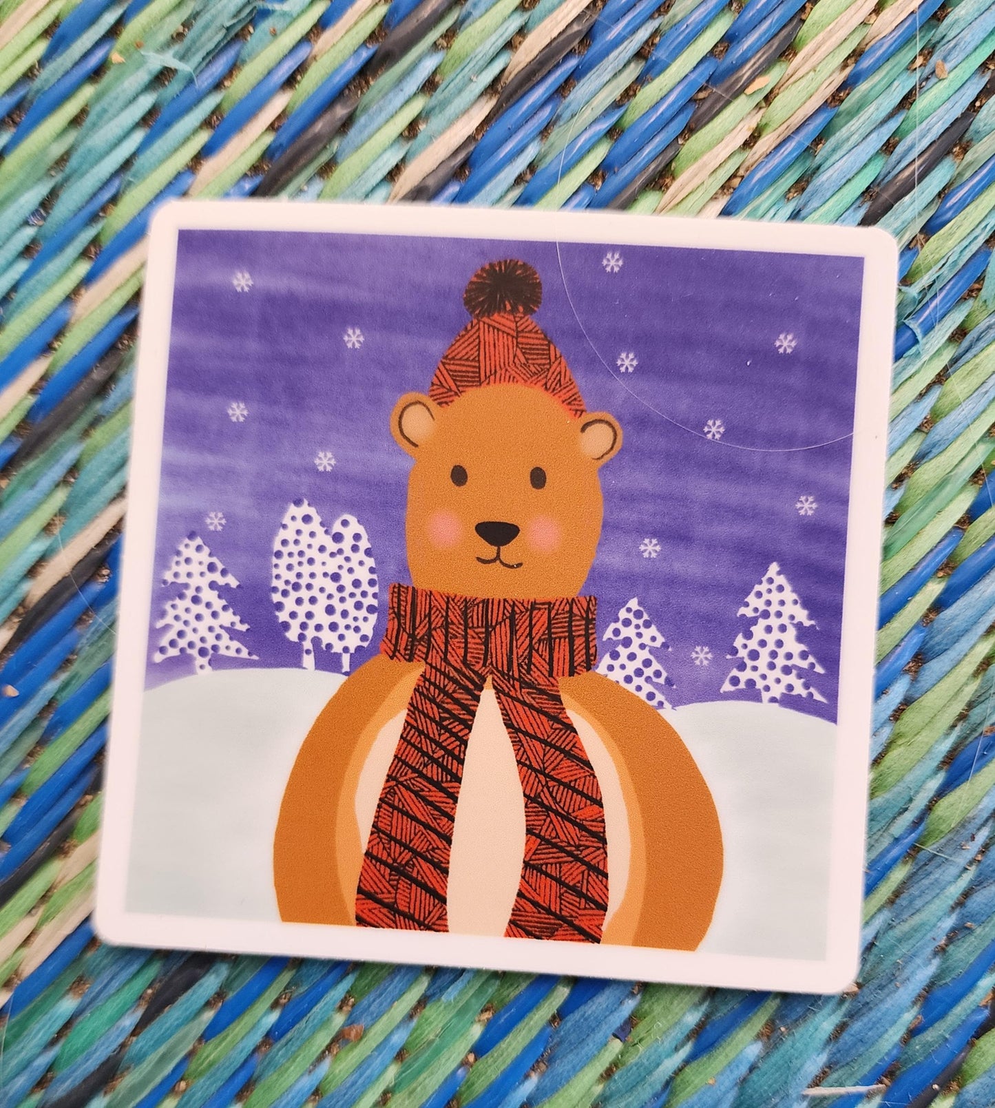 Sticker, Winter Critter Bear, Square Vinyl Sticker, 3 Inch