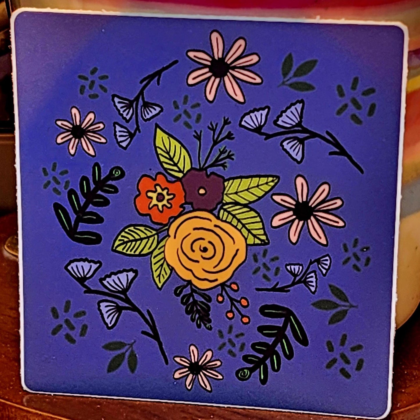 Sticker, Blue Floral, Vinyl, 3 Inch Square