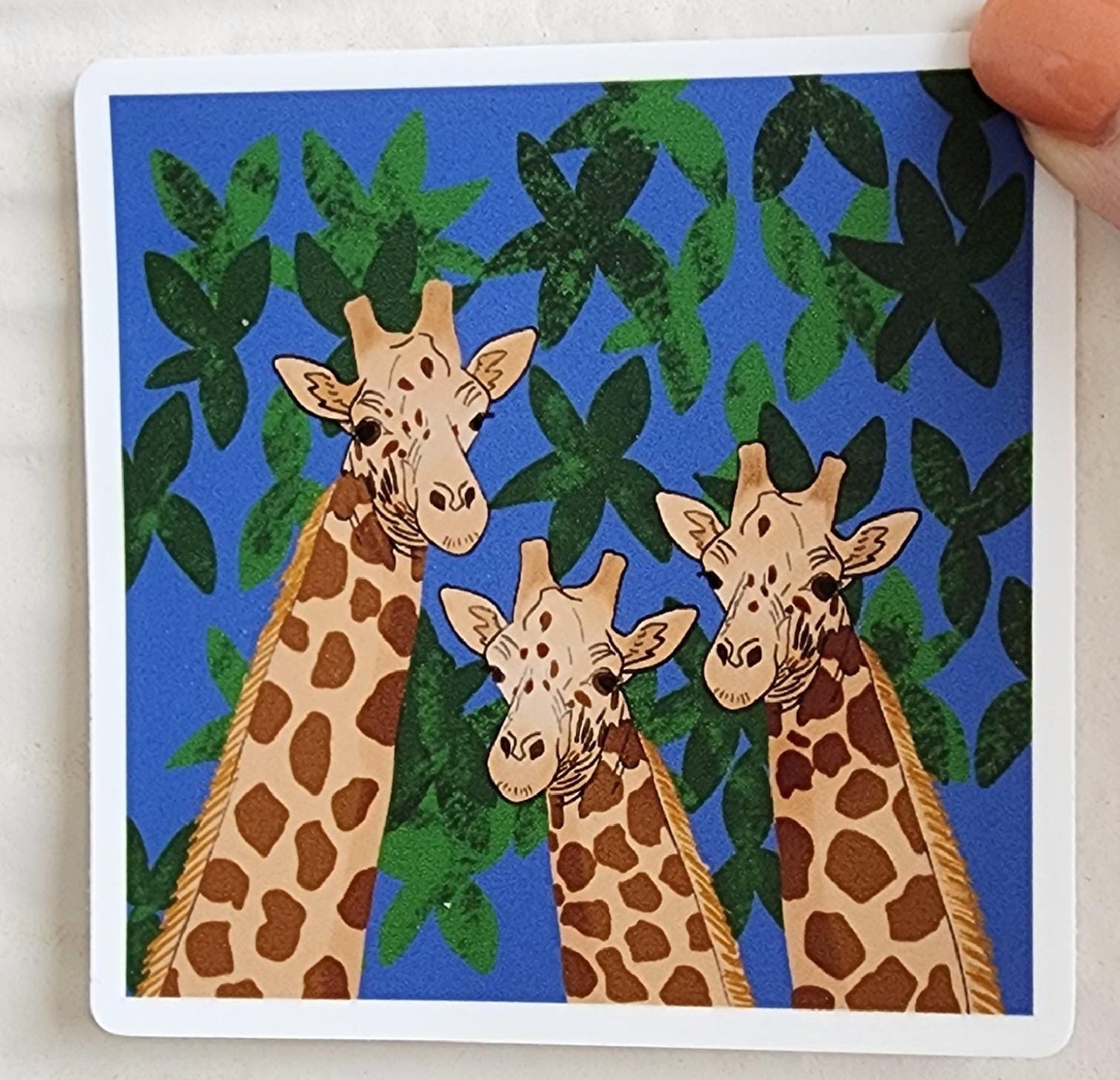 Sticker, Giraffe Trio in Leaves, Vinyl, 3 Inch Square