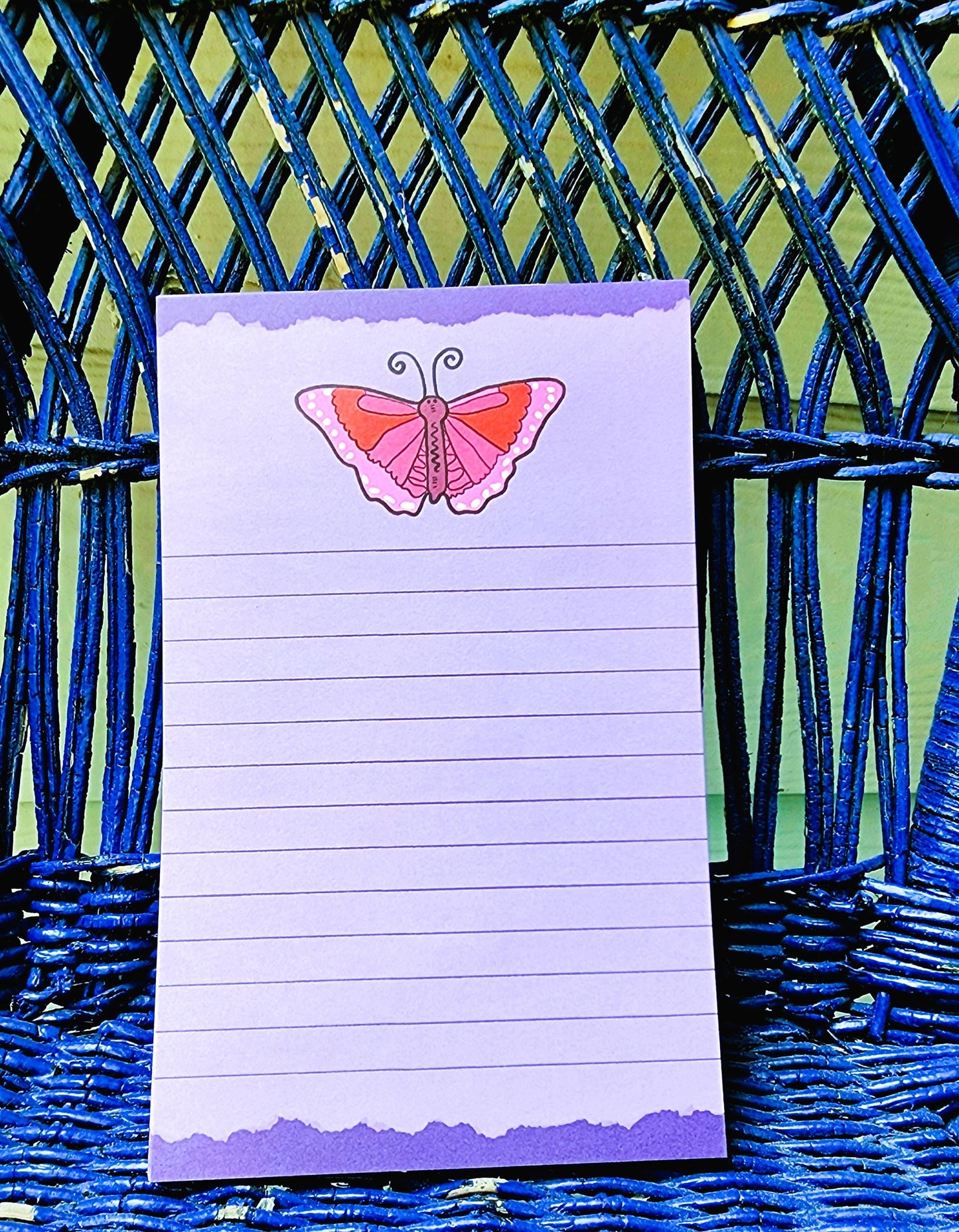 Notepad, Bright Pink Butterfly on Lavender Lined pages, 8" x 5", 50 Sheets