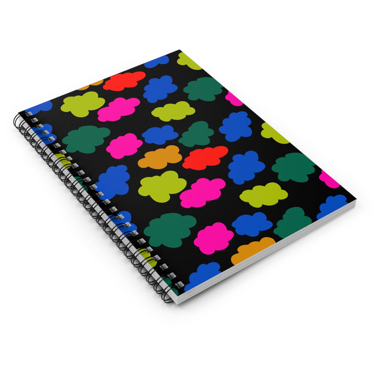 Spiral Notebook, Colorful Clouds on Black Design, 6" x 8", Inside Pocket, Lined Paper