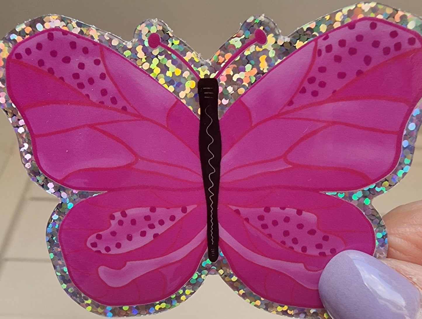 Glitter Sticker, Pink Butterfly, Vinyl, Die-Cut, 3 Inch