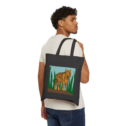 Tote Bag, Tiger in Grass Design, Cotton Canvas, Natural or Black, 15" x 16"
