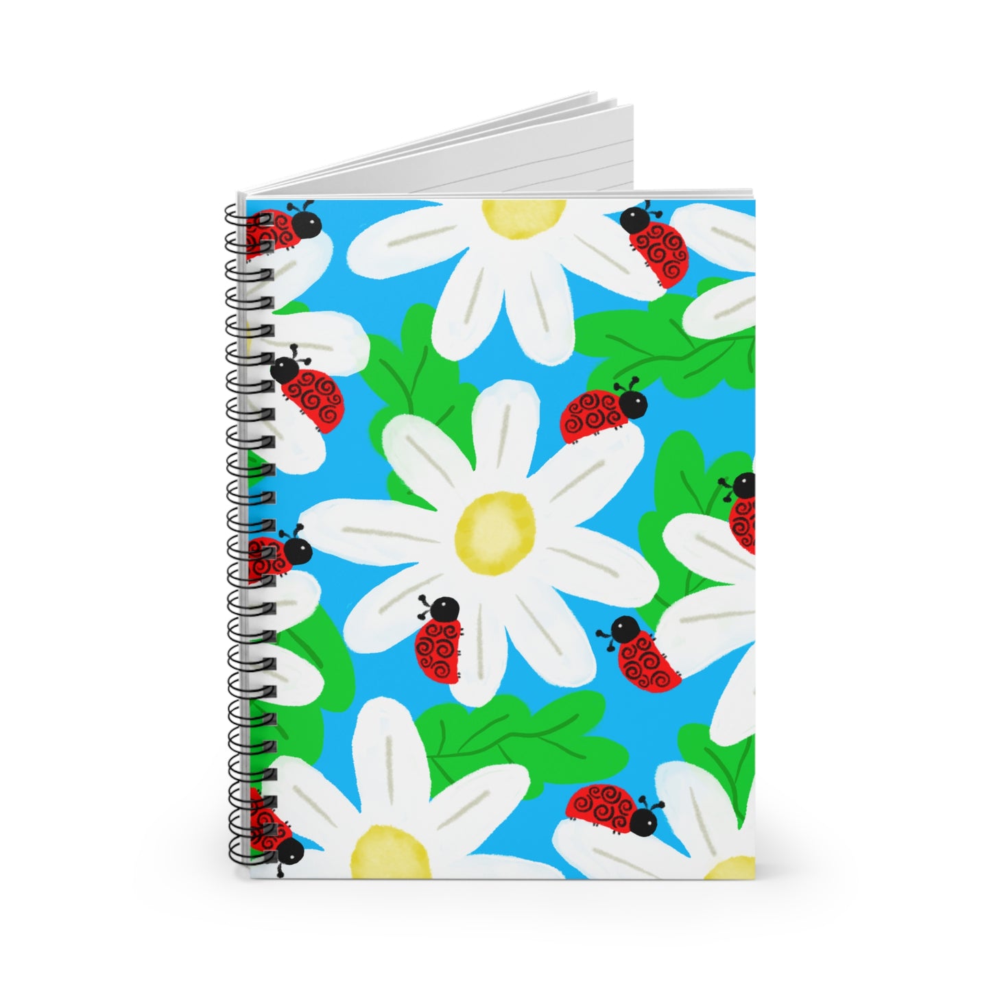 Spiral Notebook, Ladybugs on Flowers Design, 6" x 8", Inside Pocket, Lined Paper