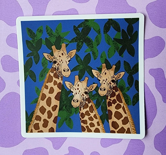 Sticker, Giraffe Trio in Leaves, Vinyl, 3 Inch Square