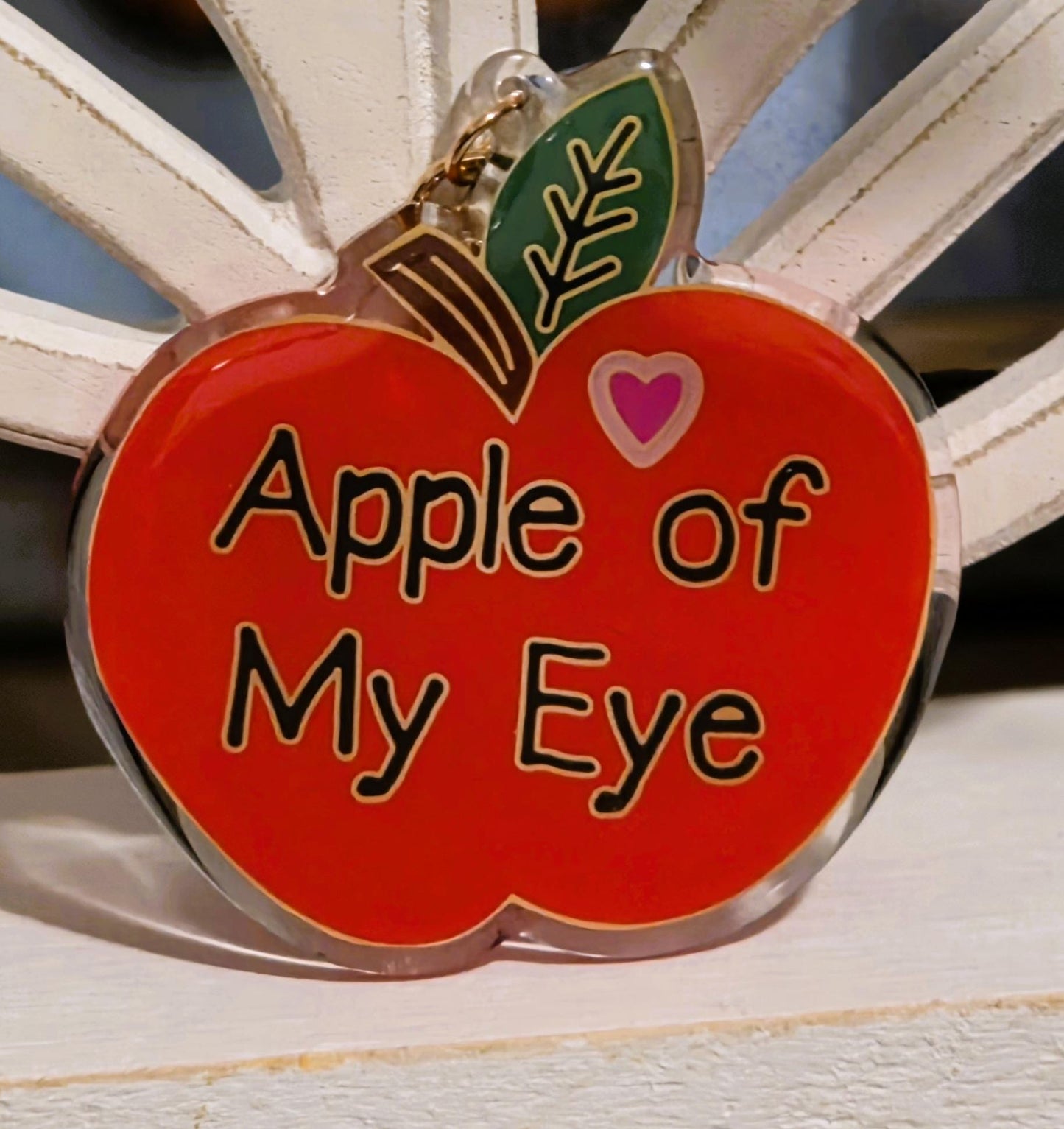 Keychain, Apple of My Eye, Red Apple on Gold Metal Clasp, 3 inches