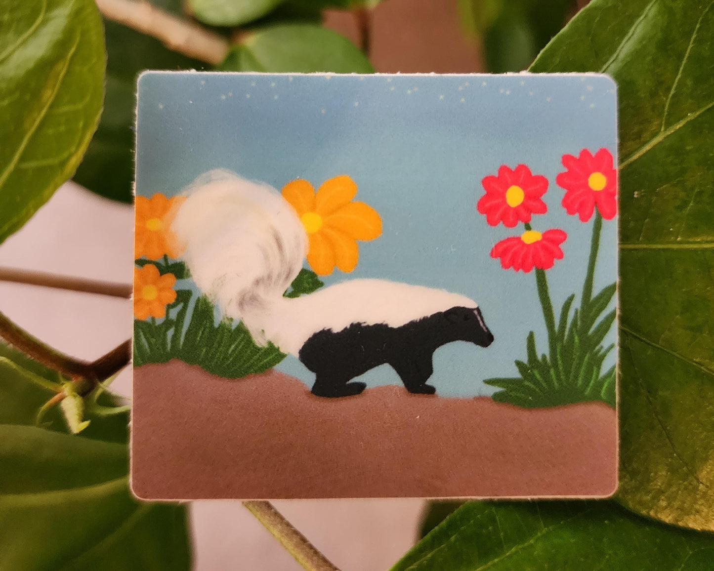 Sticker, Skunk in Flowers Design, Vinyl, 2 Inch Square