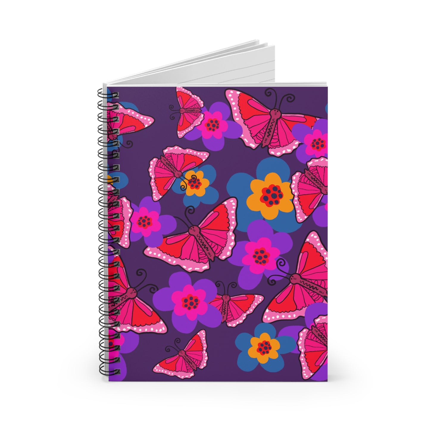 Spiral Notebook, Butterfly, Bold Pink and Purple Design, 6" x 8", Inside Pocket, Line Pages