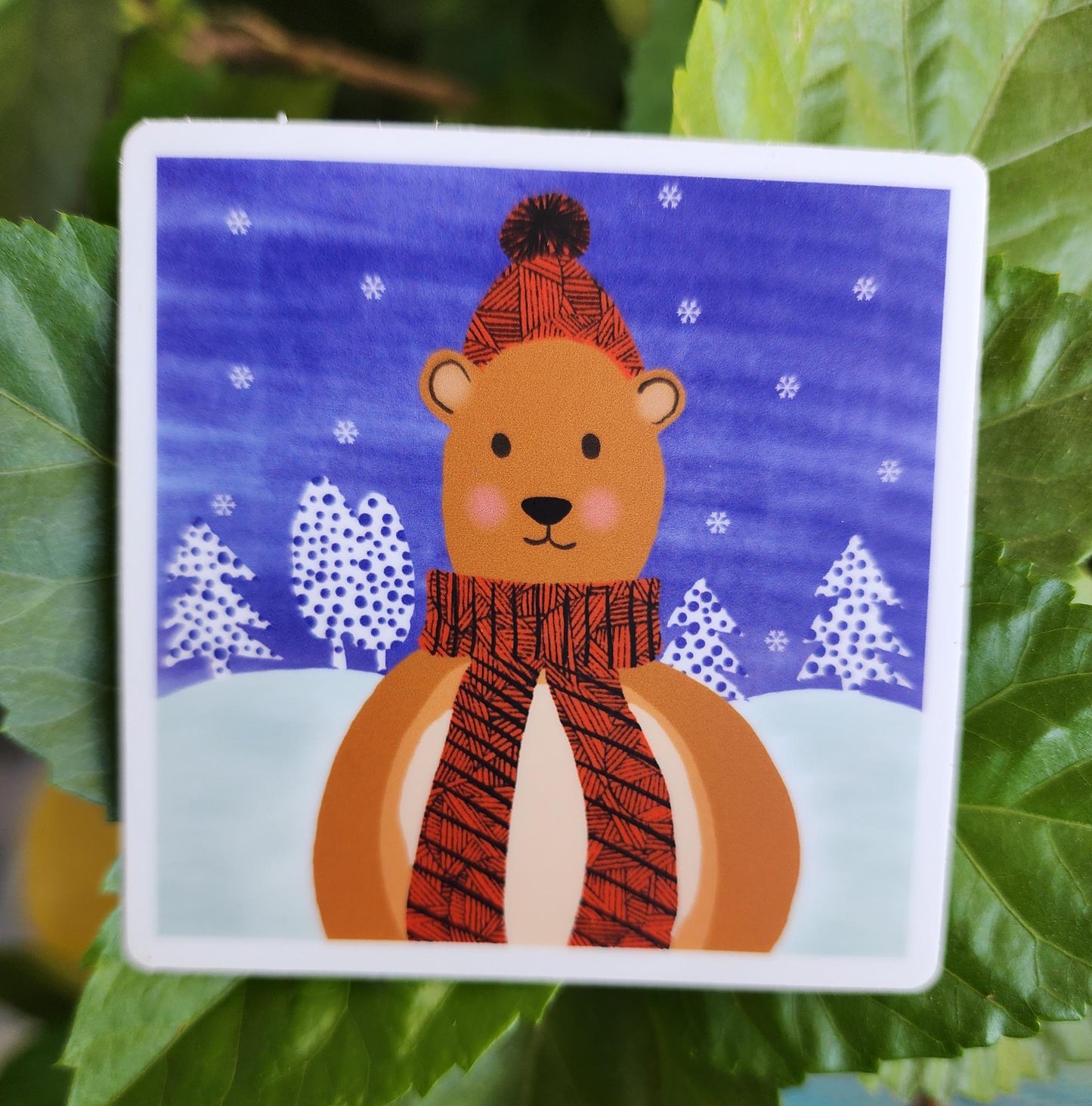 Sticker, Winter Critter Bear, Square Vinyl Sticker, 3 Inch