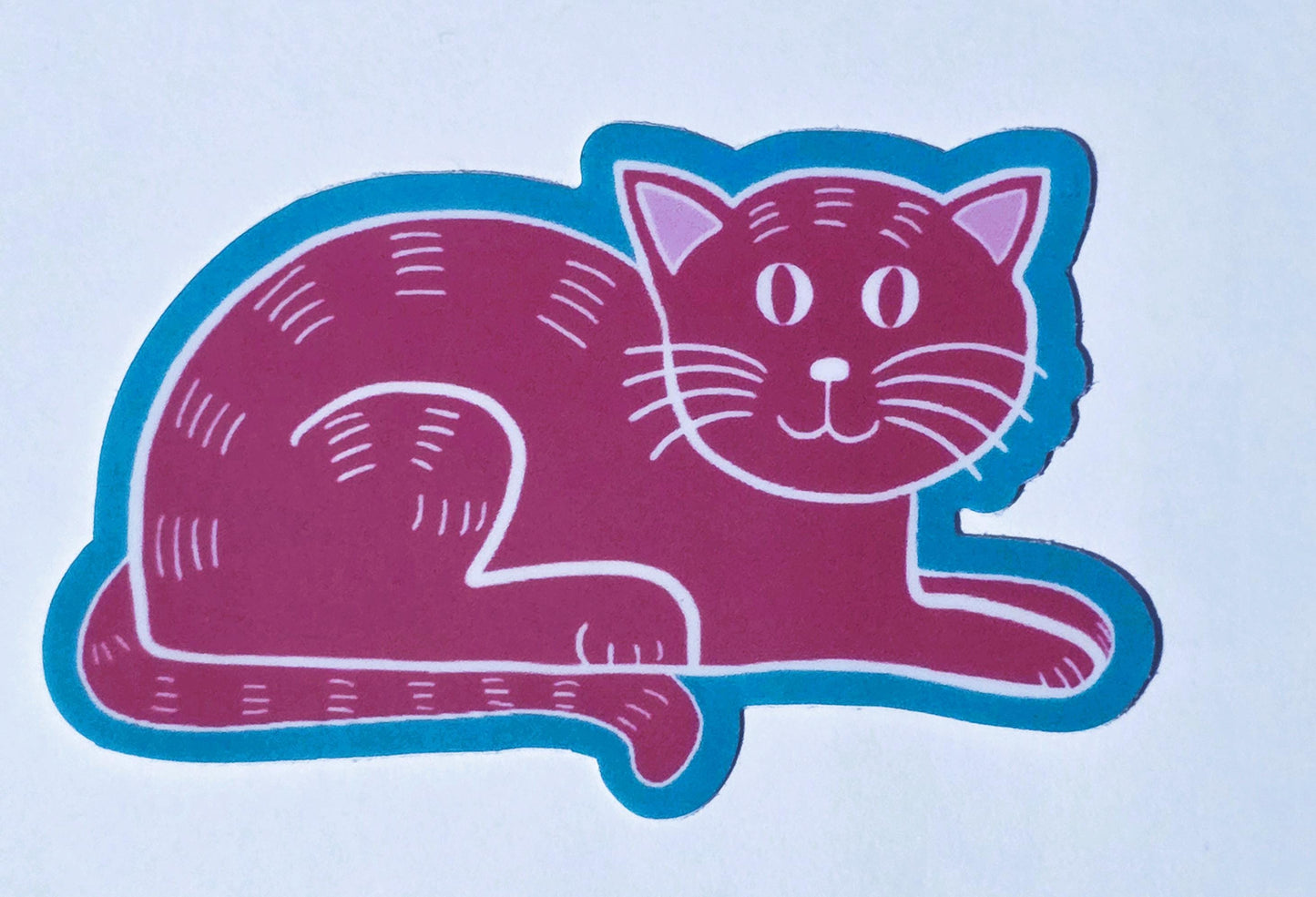 Sticker, Pink Cat on Blue Background, Vinyl, Die-Cut, 3 Inch