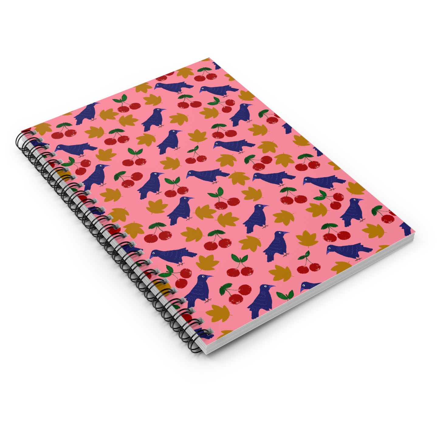 Spiral Notebook, Pink Crow and Leaves Design, 6" x 8", Inside Pocket, Lined Pages