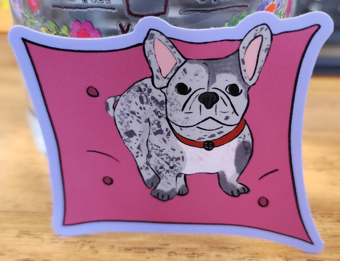 Sticker, French Bulldog, Frenchie on Pink Pillow, Vinyl, Die-Cut, 3 Inch