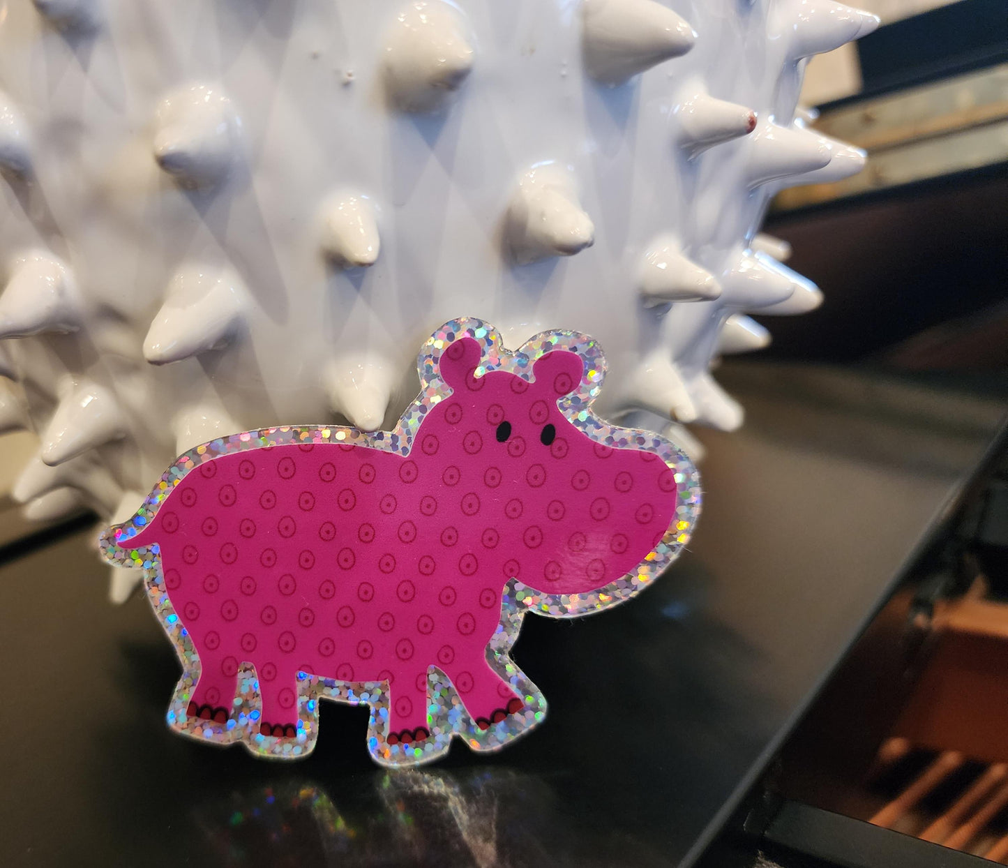 Glitter Sticker, Pink Hippo With Glitter Design, Vinyl, Die-Cut, 3 Inch