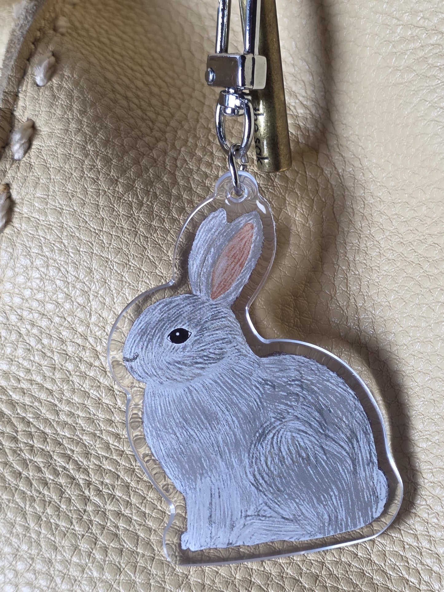 Keychain, Furry Gray Rabbit Design, Acrylic Epoxy on Silver Clasp, 2 inch