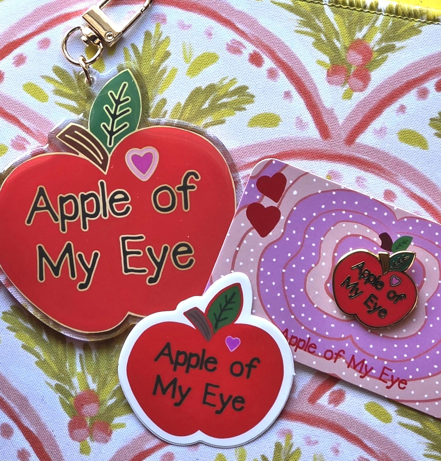 Keychain, Apple of My Eye, Red Apple on Gold Metal Clasp, 3 inches