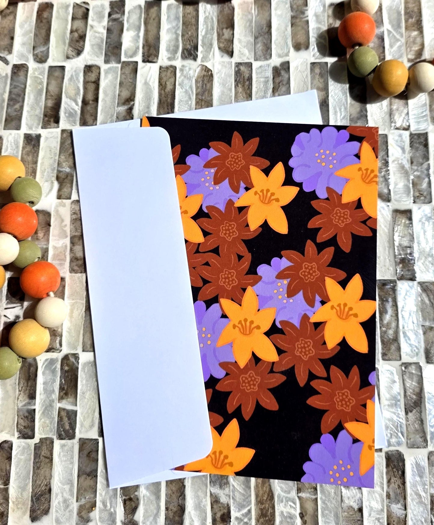 Note Cards, Purple Brown Golden Floral Design, Blank Back, 5: x 7"