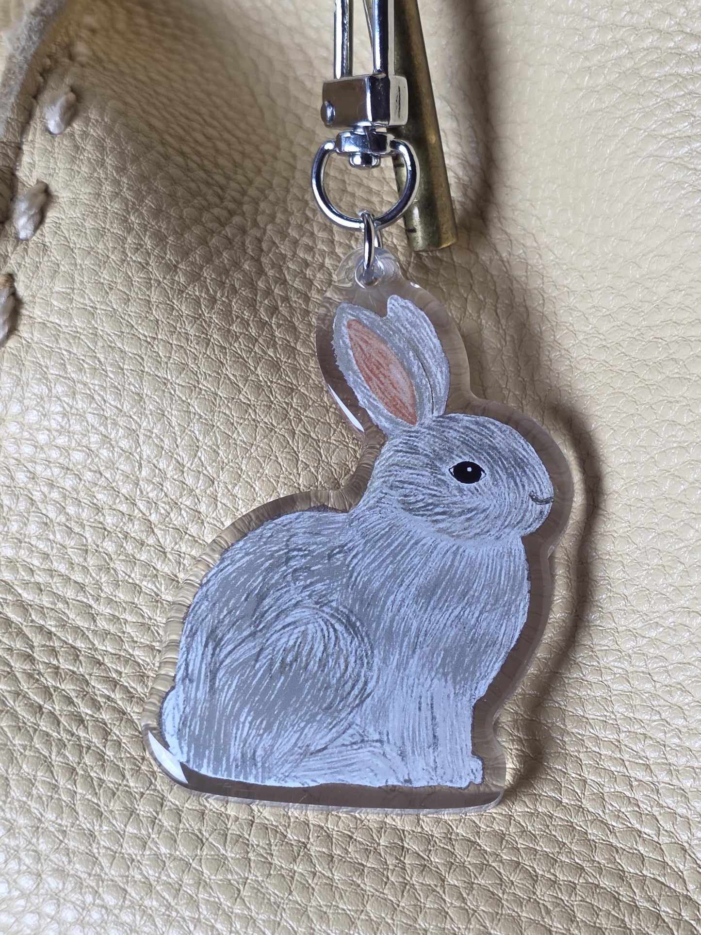Keychain, Furry Gray Rabbit Design, Acrylic Epoxy on Silver Clasp, 2 inch