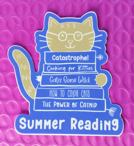 Sticker, Cat Book Stack "Summer Reading," or Floral Book Stack Design, Vinyl, Die-Cut, 3 Inches