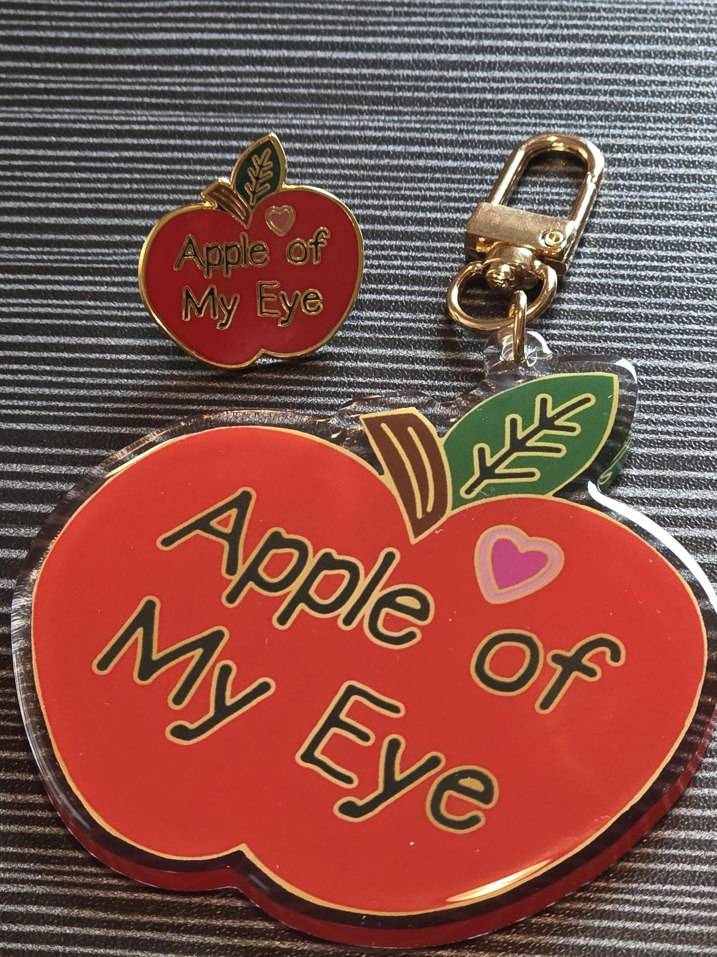 Keychain, Apple of My Eye, Red Apple on Gold Metal Clasp, 3 inches