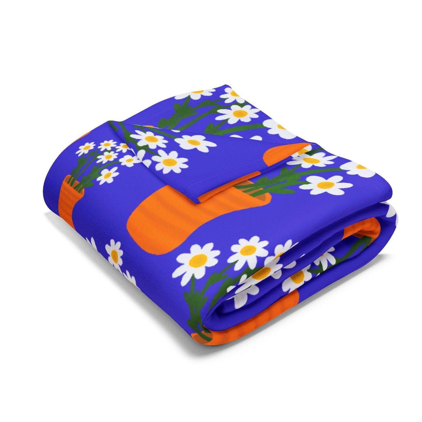 Blanket Fleece With Charming Daisy Design on Blue Background, 2 Sizes, Blanket or Throw